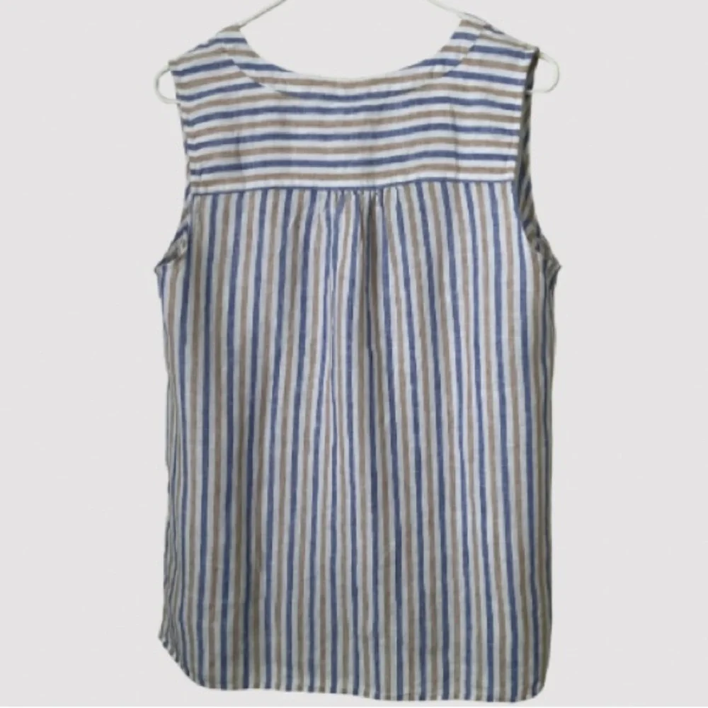 Talbots Sleeveless Linen Lace-up V-neck Top Blue, White & Tan Striped Size M NWT - Picture 3 of 10